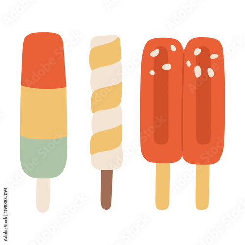 Colorful collection of lolly fruit ice cream on soft background in flat style.  Bright summer sweets for kids design, packaging, scrapbooking, stickers, textile and print.