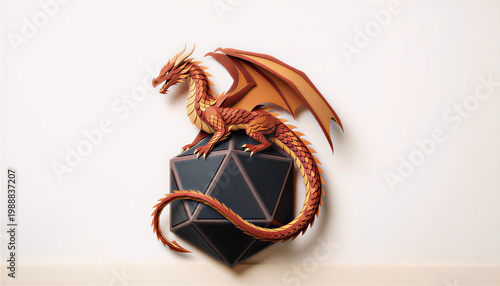 Intricate Papercraft Red Dragon Perched on a Black D20 Die, Creative Fantasy Art Illustration for Tabletop Gaming and RPG Enthusiasts. Game master.