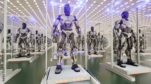 Factory of robots industry line bg 4k