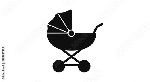Black and white icon of a baby stroller or pram