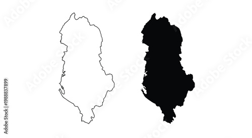 A depiction of albania s map shown in both outline and solid black forms side by side