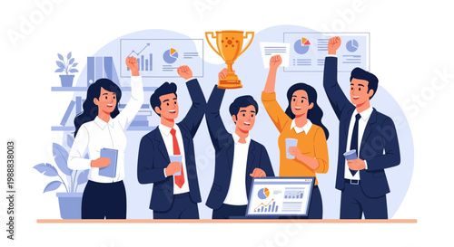Team celebrates success with trophy and charts in office during working hours