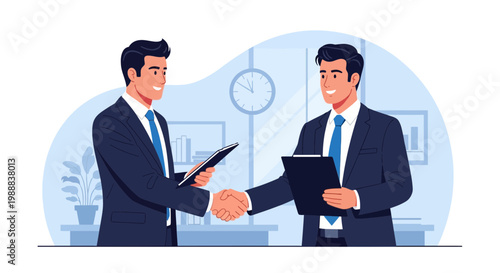 Business partners shake hands in an office while discussing ideas and projects during the meeting time of the day