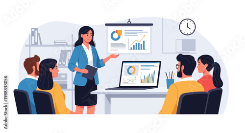 Team discusses business strategies during a meeting while a presenter shares data on screen