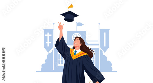 Young person celebrates graduation by tossing cap in the air at a school on a sunny day