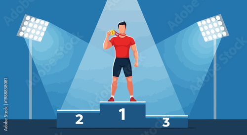 Man stands on top of podium holding a medal after winning a competition during a sports event in a stadium at night