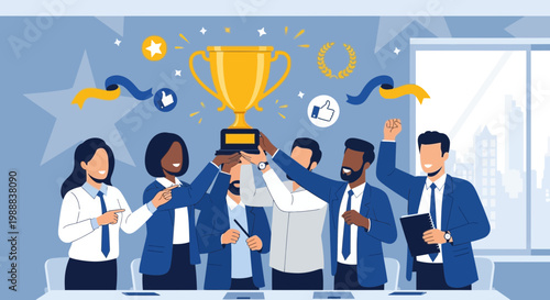 Diverse Business Team Celebrates Success with Golden Trophy, Achieving Goals