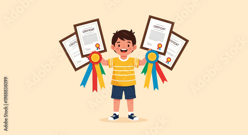 Child celebrates with certificates and awards in hands while smiling and standing in a bright space with a simple background