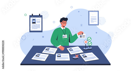 Recruiter reviewing resumes and choosing candidates with checkmarks and crosses