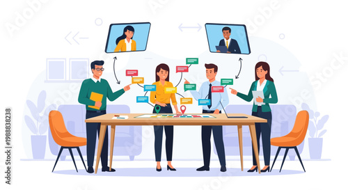 Remote Team Collaboration: Diverse people discussing ideas with virtual participants online