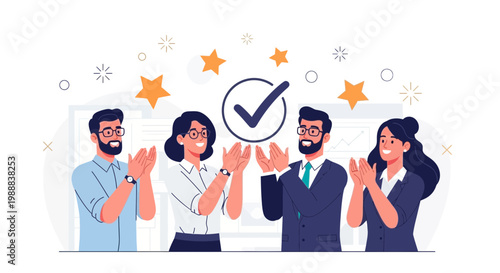 Team Applauding Success with Checkmark and Stars - Business Achievement Concept