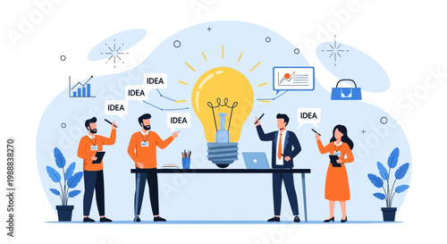 Team brainstorming ideas around a giant lightbulb, business innovation and teamwork concept