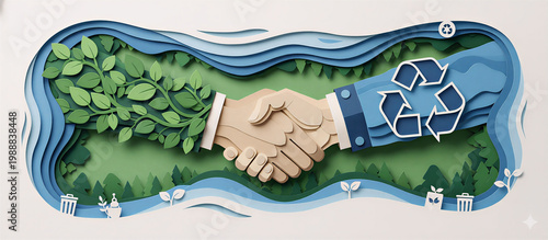 Green Business Partnership and Sustainable Ecology Concept Handshake in 3D Paper Cut Style Illustration