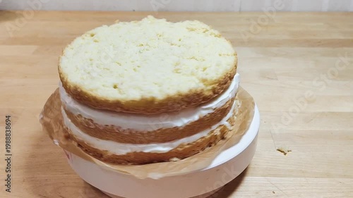 Cake rotating on a stand while a baker spreads cream frosting. Close-up of decorating process, smooth icing, professional or home pastry work, dessert preparation, bakery concept, sweet food video