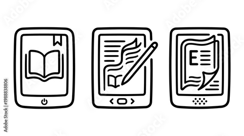 Three Digital Tablet Devices Displaying Book and Document Icons.