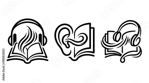 Abstract Illustrations of Books, Headphones, and Ears for Audiobooks.
