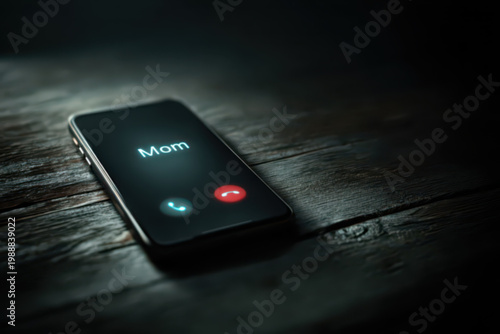 A smartphone resting on a dark wooden table,incoming call labeled 