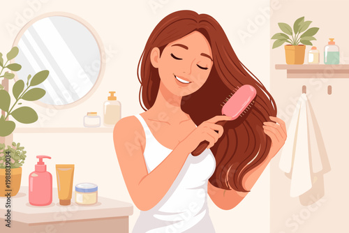 Happy Young Woman Brushing Her Long Brown Hair in Bathroom, Daily Beauty Routine and Self-Care Concept, Flat Vector Illustration of a Smiling Girl Grooming Her Hair with a Pink Brush at Home