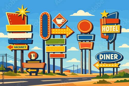 Vintage American Roadside Signs and Billboards in a Desert Landscape, Retro Mid-Century Modern Style Illustration of Motel, Hotel, Diner, and Gas Station Signage on a Classic Highway Route.