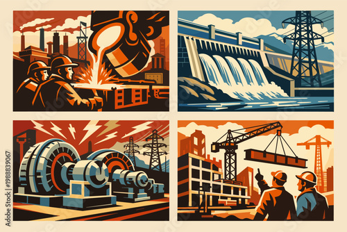 Vintage Industrial Propaganda Posters Set with Steel Mill Workers, Hydroelectric Dam, Power Plant Turbines, and Construction Site in Retro Mid-Century Socialist Realism Vector Illustration Style