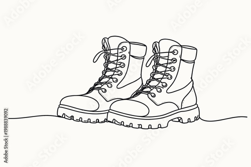 Pair of sturdy combat boots drawn in a minimalist continuous line art style, symbolizing resilience, strength, and hard work. Elegant black and white vector illustration for fashion and adventure.