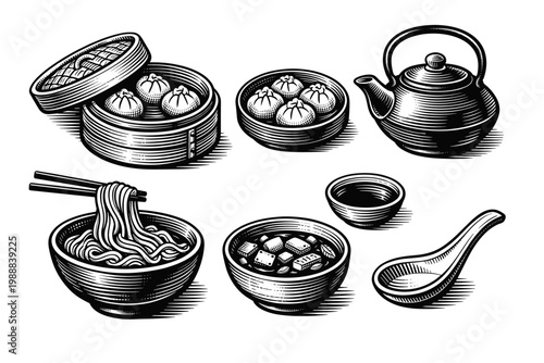 Vintage engraving collection of traditional Chinese cuisine featuring dim sum dumplings in bamboo steamers, a bowl of ramen noodles with chopsticks, soup, a teapot, and a ceramic spoon isolated on