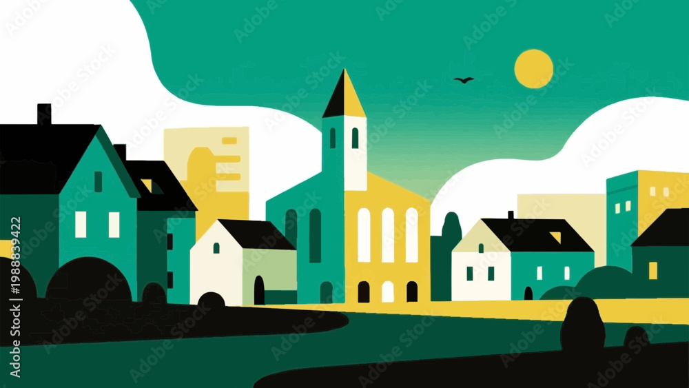 Naklejka premium Modern city landscape with residential houses and skyscrapers, vector illustration of urban town life