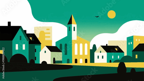 Modern city landscape with residential houses and skyscrapers, vector illustration of urban town life