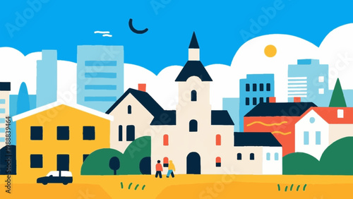 Modern city landscape with residential houses and skyscrapers, vector illustration of urban town life