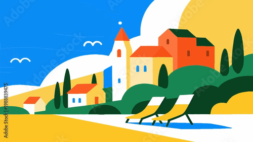 Modern city landscape with residential houses and skyscrapers, vector illustration of urban town life