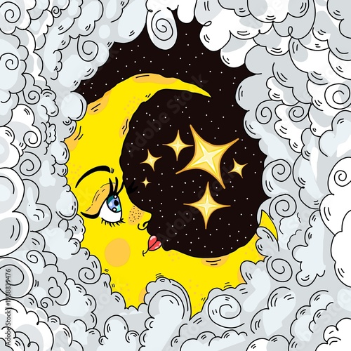 crescent moon with human face surrounded by clouds and stars Drawing