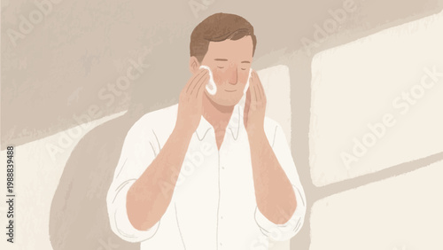 Young man applying skincare product on his face