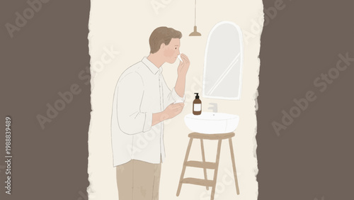 Young man applying skincare product on his face