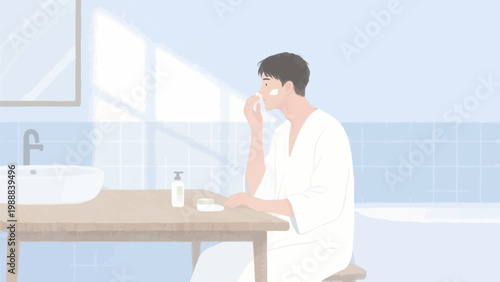 Young man applying skincare product on his face