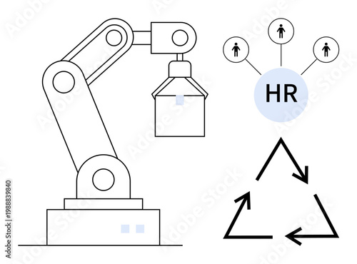 Automation, human resources, workforce management, recruitment, industrial robotics, innovation. Robotic arm and HR symbol connected with figures and recycling arrows. Automation and HR integration