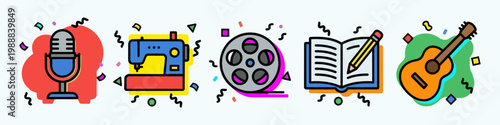 Creative hobbies and arts icons set with microphone, sewing machine, film reel, book and guitar. Colorful flat line art vector illustration