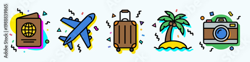 International travel and vacation icons set featuring passport, airplane, suitcase, tropical island, and camera. Colorful flat line art vector illustration