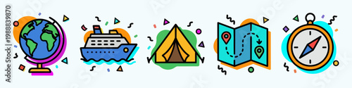 Travel and adventure icons set featuring globe, cruise ship, camping tent, map route, and compass. Colorful flat line art vector illustration