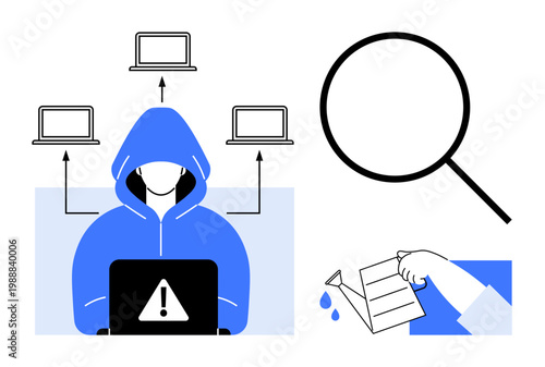 Cybercrime prevention, online security, data breaches, hacking threats, digital investigation, network infiltration. Hooded person with a laptop, magnifying glass and computers. Cybercrime