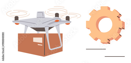 quadcopter delivery, automation, logistics, future technology, innovation, e-commerce. A Quadcopter carrying a box next to a gear icon. Drone delivery and automation innovation concept