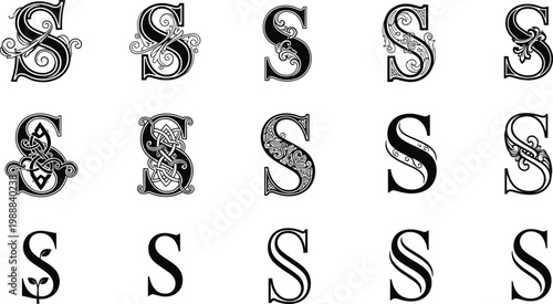 Decorative Letter S Font Style Set with Vintage Ornamental Typography Designs for Logos, Monograms, Calligraphy, and Classic Print Projects