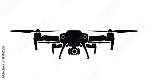 A black silhouette of a modern quadcopter drone with visible propellers and camera gimbal high quality