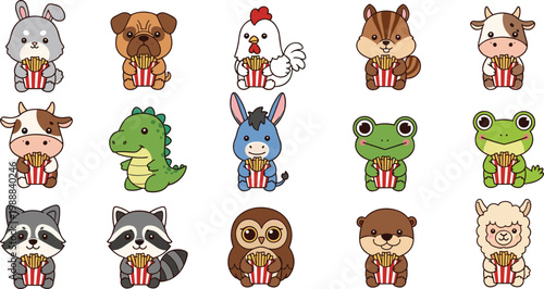 Cute Kawaii Animals Eating Popcorn Icon Set with Rabbit, Dog, Chicken, Squirrel, Cow, Dinosaur, Donkey, Frog, Raccoon, Owl, Otter, and Alpaca for Sticker and Character Designs
