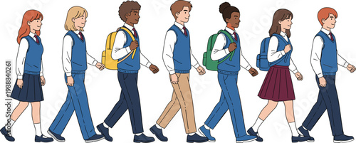 Diverse Group of School Students Walking Together in Uniforms with Backpacks for Education, Back to School, and Academic Life Concept Designs