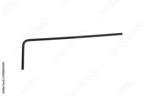 A single black L-shaped hex key wrench isolated on a solid white back
