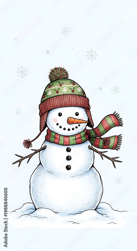 Fototapeta premium Cheerful snowman in knitted hat & scarf, with twig arms, in gentle snowfall