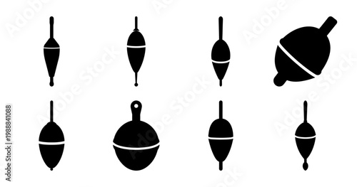 Various fishing floats in black silhouette on a white background