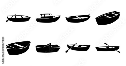 A collection of various black and white boat silhouettes on a white backdrop