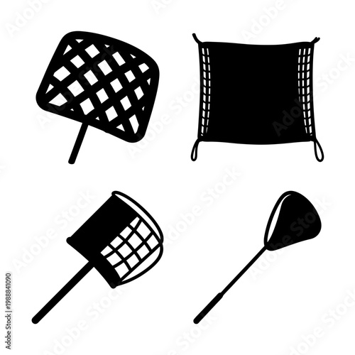 Various nets in a black and white illustration of fishing equipment