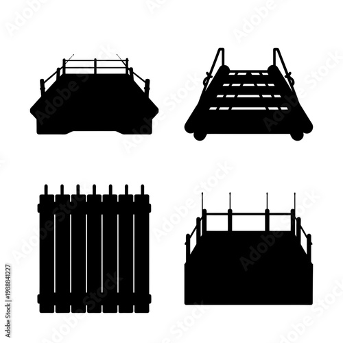 Four unique black silhouette illustrations of antique boats, structures and architecture